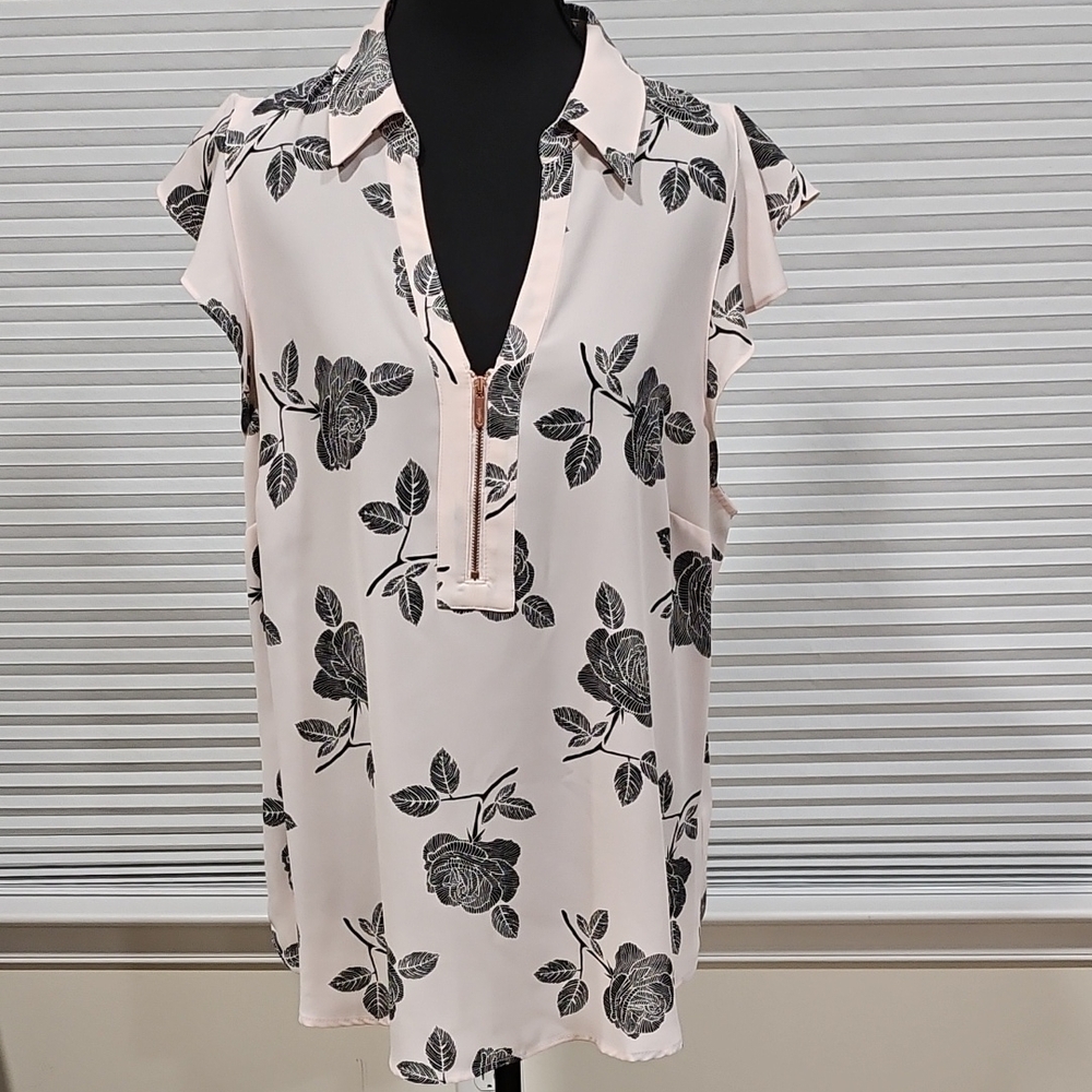 Candie's Pink Blouse with Notched Collar and Floral Design